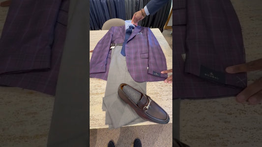 Unveiling the Scabal Plum Glenn Plaid Window Paine Sport Coat with an Emanuel Berg Cutaway Light Blue Shirt Pairing
