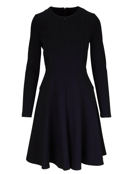 An Akris Punto Elements Long Sleeve Fit & Flare Dress in black with a long sleeve and signature dot motif.