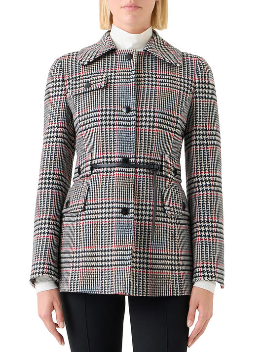 A person wearing the Akris Punto Glencheck Wool-Blend Jacket in Black/Cream/Vermillion, styled with a leather belt, stands against a white background.