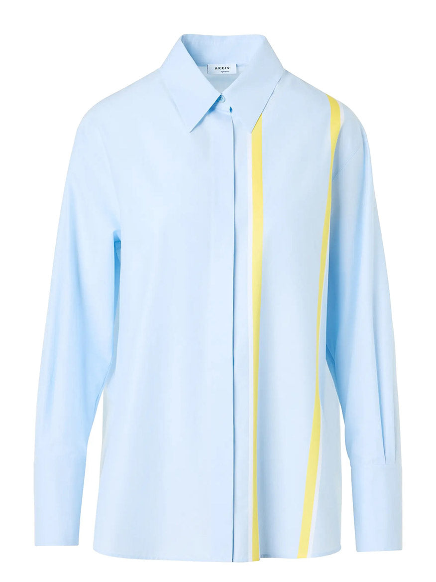 Akris Punto Striped Cotton Chambré Shirt Blouse in Sky/Lemon/Cream features a relaxed fit, long sleeves, pointed collar, and two diagonal yellow stripes on the right front.