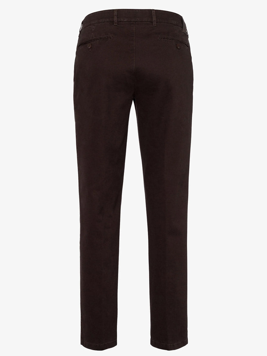Back view of a pair of Brax Evans Triplestone Pants in Cigar, featuring belt loops and two back pockets, displayed against a plain white background.
