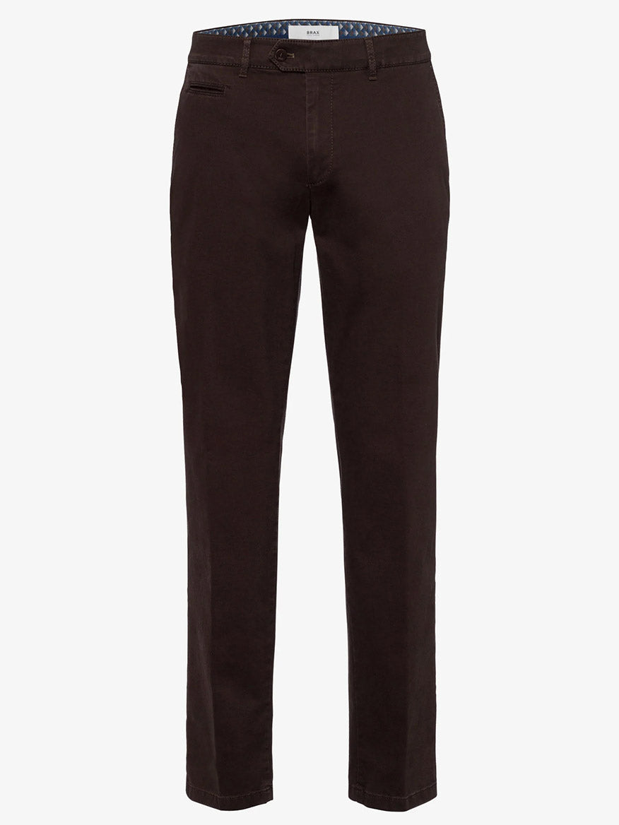 A pair of Brax Evans Triplestone Pants in Cigar with a single front button and belt loops. The cotton mix trousers feature an inner waistband with a blue and white patterned fabric.