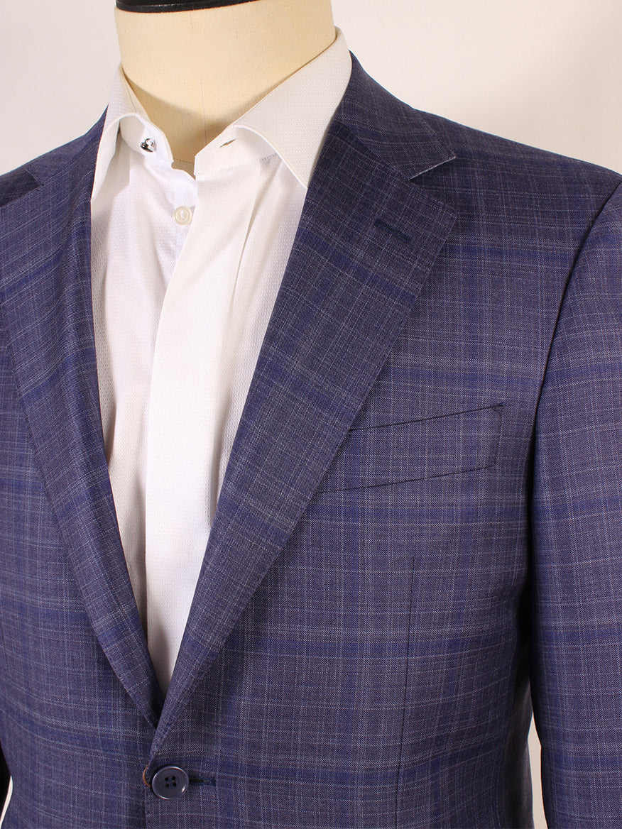 Mannequin wearing a Canali Super 130s Wool Sport Jacket in Violet Tonal Plaid made in Italy, over a white shirt, focusing on the upper torso and lapel detail.
