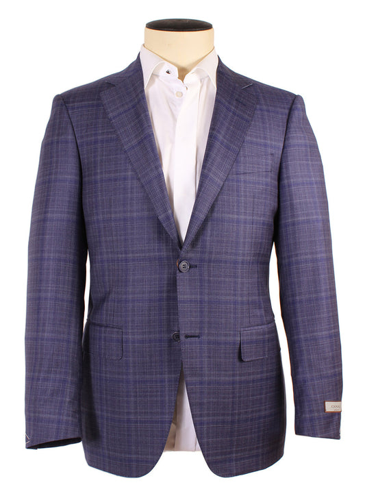 A Canali Super 130s Wool Sport Jacket in Violet Tonal Plaid displayed on a mannequin with a white shirt, tailored for a professional look.