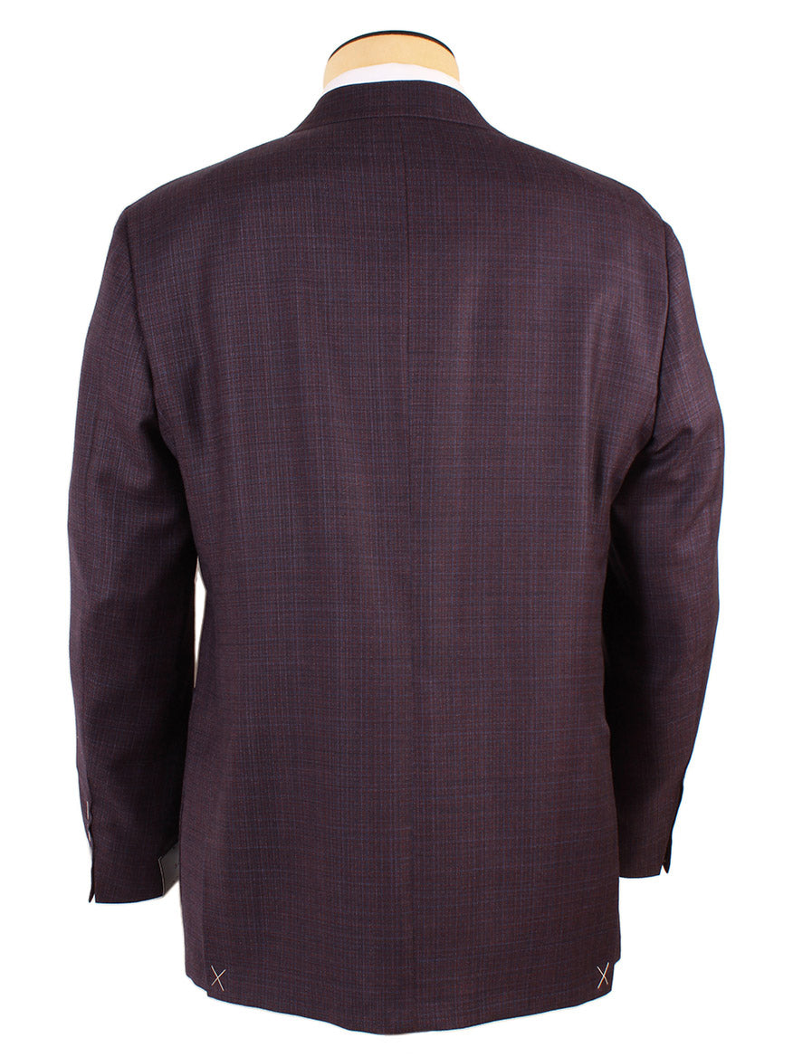 Rear view of a mannequin wearing a Canali Kei Patch Pocket Sport Jacket in Plum with basted sleeve seams on a white background.