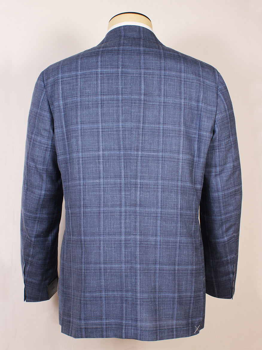 The Canali Flap Pocket Sport Jacket in Blue Plaid is displayed from the back on a mannequin against a plain, light-colored background.