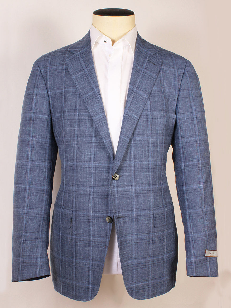The Canali Flap Pocket Sport Jacket in Blue Plaid, featuring a notched lapel, is displayed on a mannequin over a white dress shirt.
