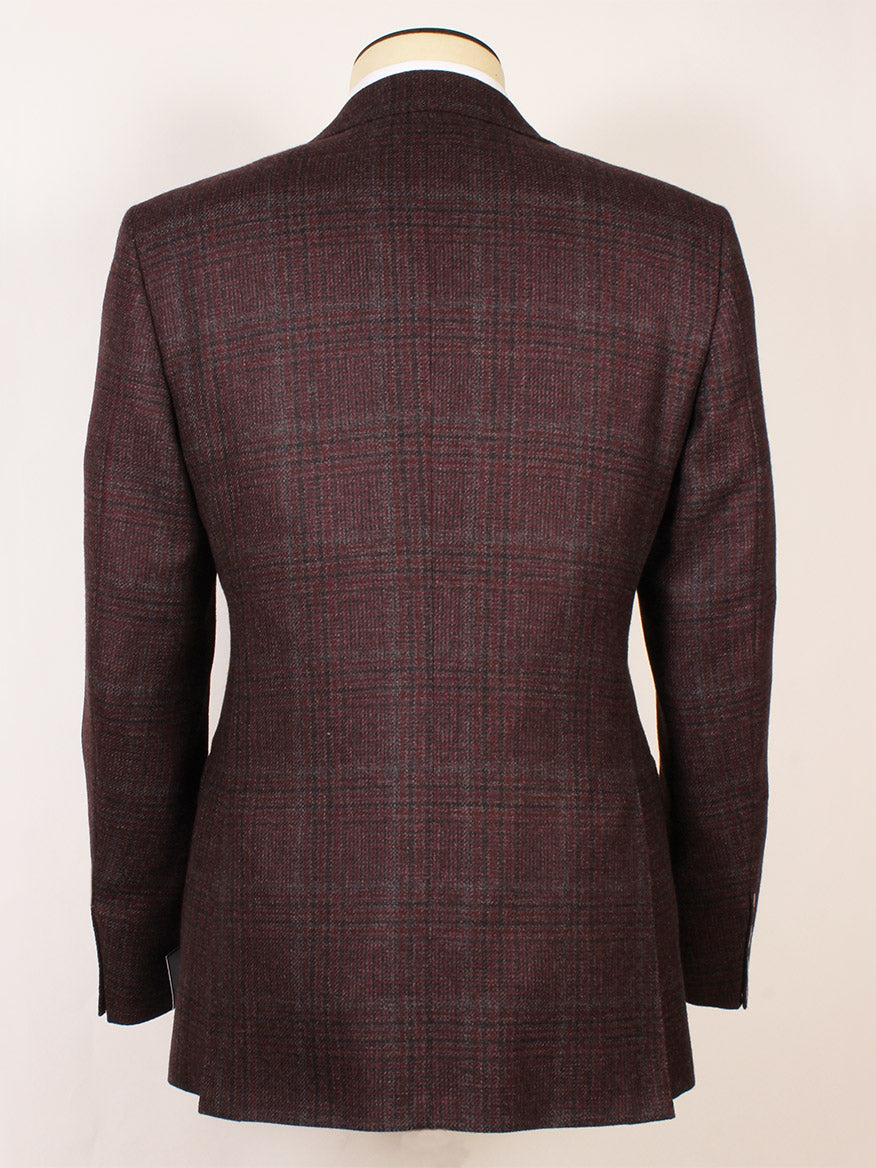 The Canali Flap Pocket Sport Jacket in Burgundy Plaid, made in Italy, is shown from the back on a mannequin against a plain light background.