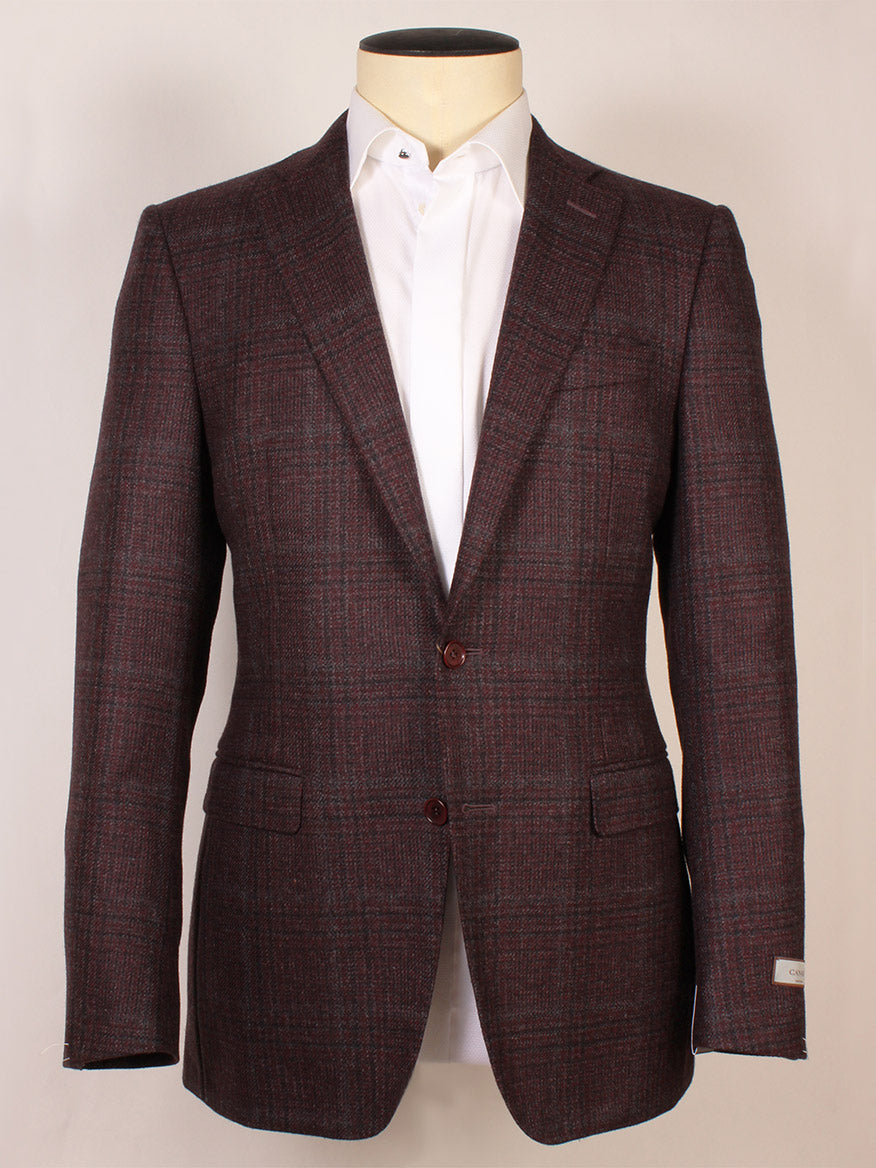 A mannequin displays the Canali Flap Pocket Sport Jacket in Burgundy Plaid, made in Italy with a two-button design, over a crisp white dress shirt.