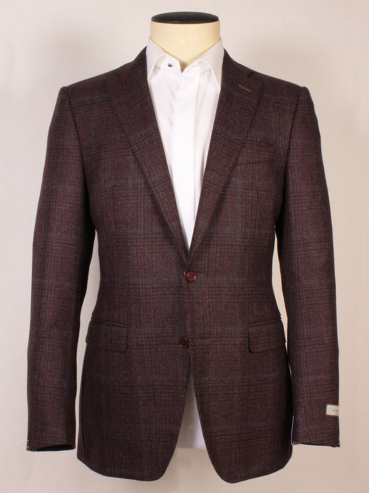 A mannequin displays the Canali Flap Pocket Sport Jacket in Burgundy Plaid, made in Italy with a two-button design, over a crisp white dress shirt.