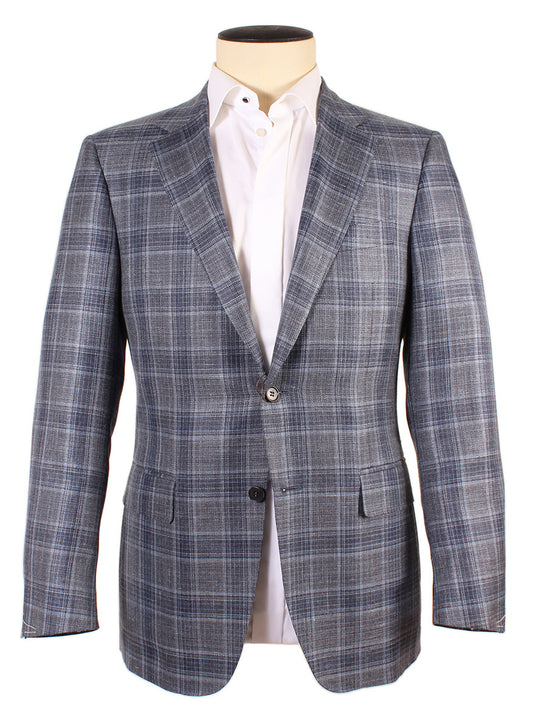 Mannequin dressed in a Canali Wool Silk Blend Sport Jacket in Grey with Navy Windowplaid over a white shirt, displayed on a white background.
