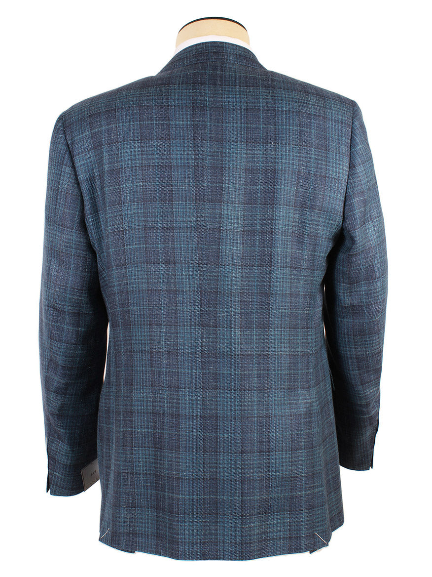 Back view of a mannequin wearing a Canali Wool Silk Blend Sport Jacket in Teal/Navy Crossweave Plaid on a white background.