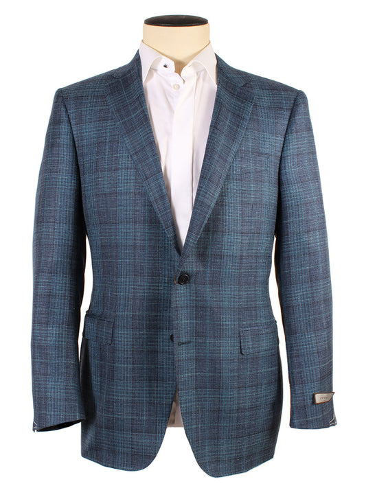Canali Wool Silk Blend Sport Jacket in Teal/Navy Crossweave Plaid on a mannequin with a white shirt and no tie.