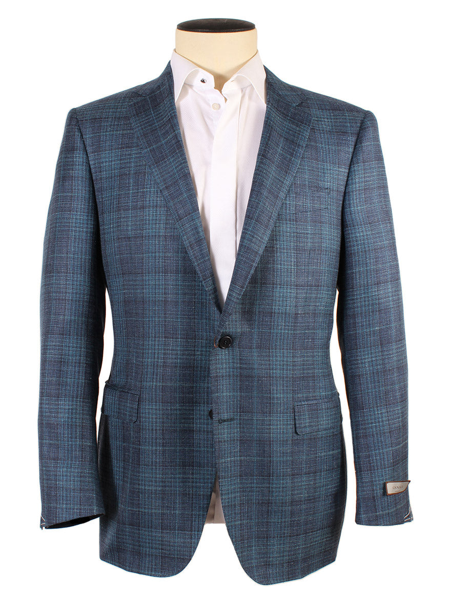 Canali Wool Silk Blend Sport Jacket in Teal/Navy Crossweave Plaid on a mannequin with a white shirt and no tie.