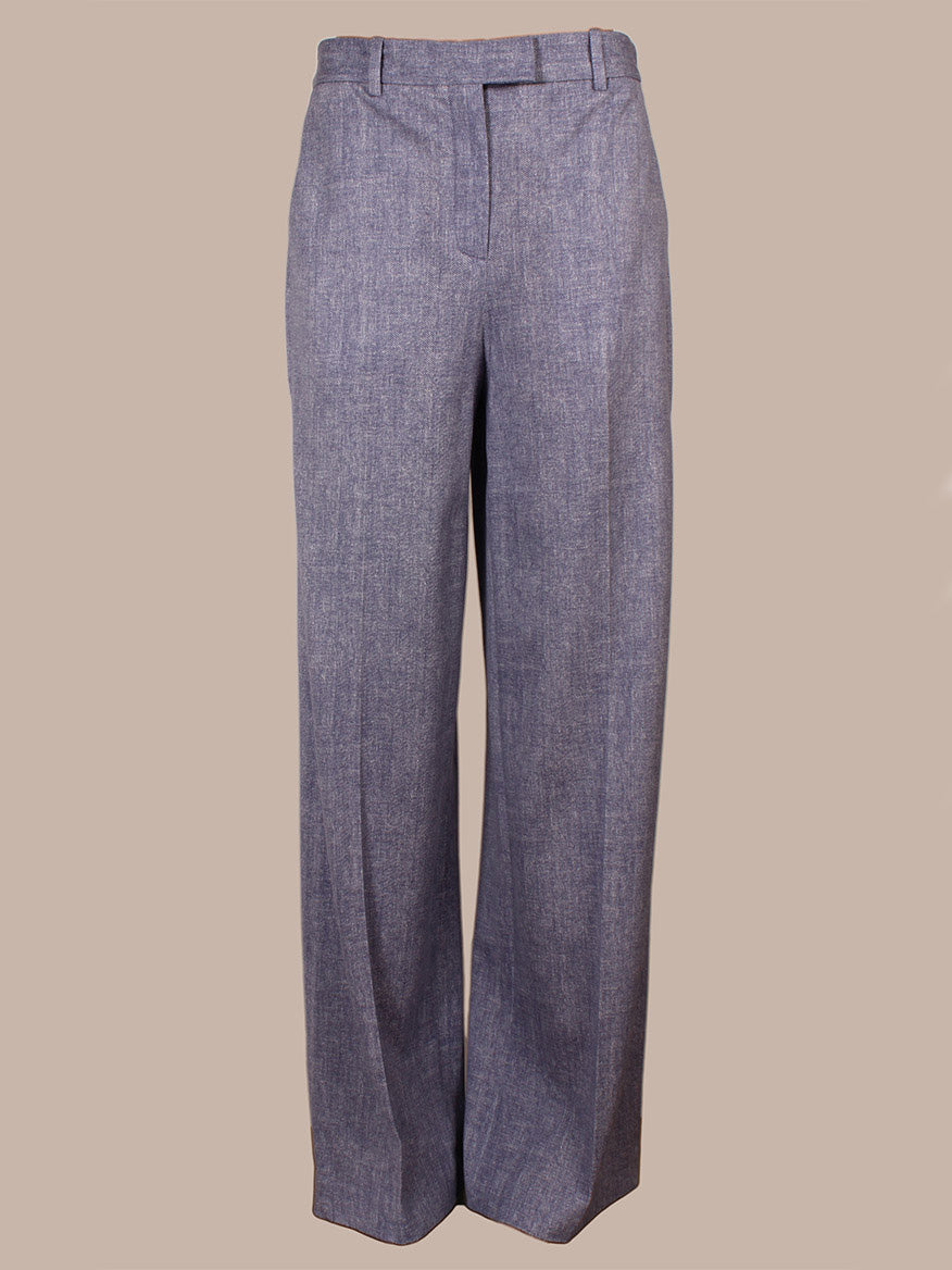 Circolo 1901 Herringbone Trouser in Dark Sky: gray wide-leg, high-waist trousers with belt loops, tab and bar closure, and front zipper, shown against a plain beige background.