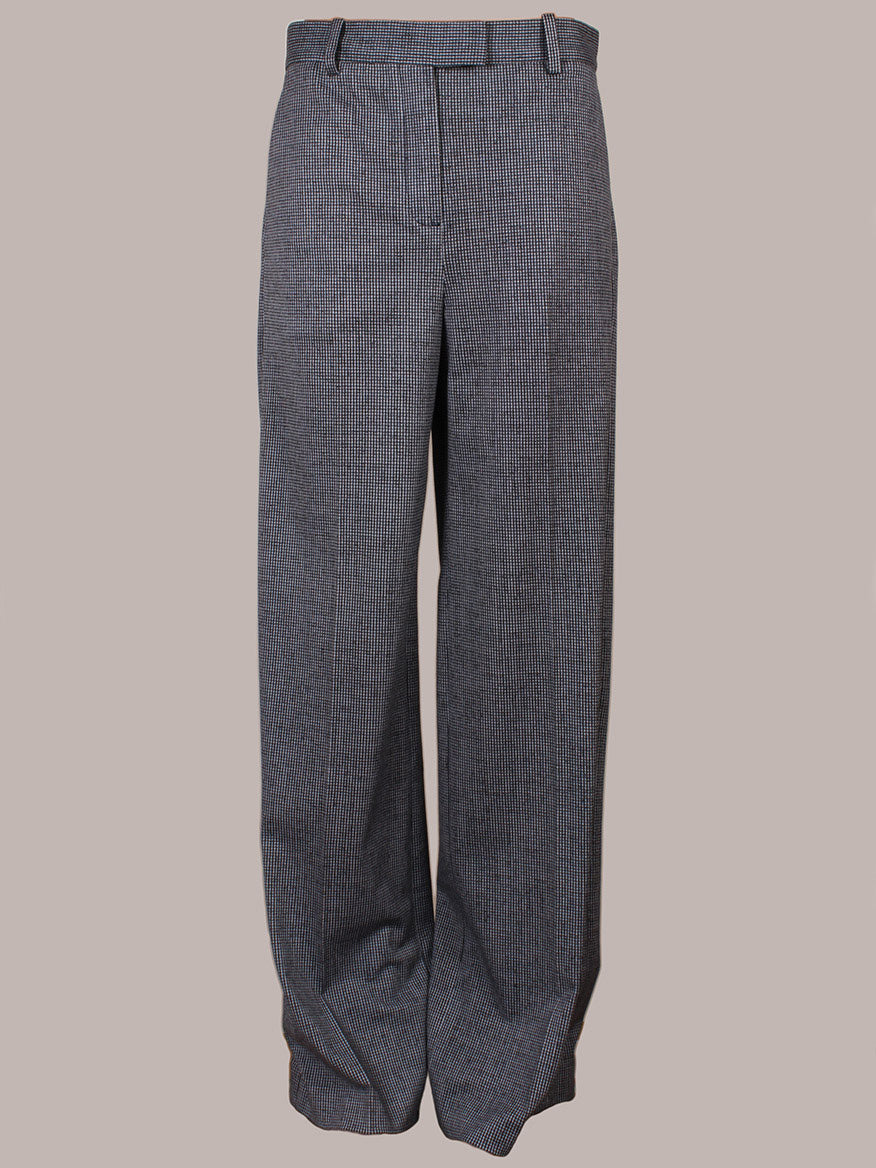 The Circolo 1901 Mini Houndstooth Trouser in Blue features a relaxed, wide-leg fit and tab and bar closure, shown against a plain background.
