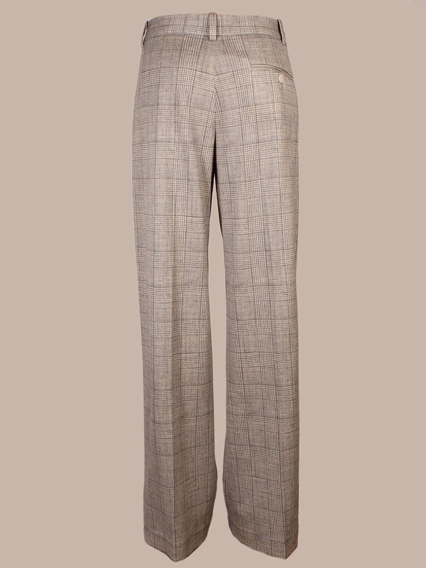 The Circolo 1901 Prince of Wales Trouser in Grey features a high-waisted, wide-leg design with grey plaid and a right-side button pocket, showcased on a plain background.