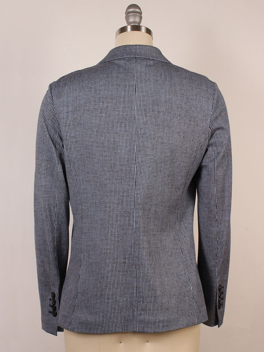 Back view of the Circolo 1901 Slim Fit Mini Houndstooth Jacket in Blue, featuring notch lapels, displayed on a dress form against a plain background.
