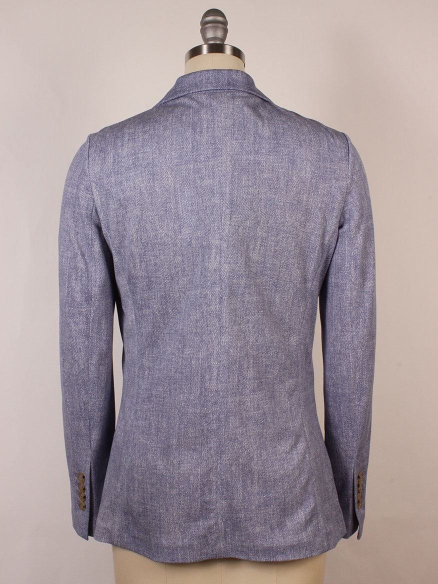 The Circolo 1901 1-Button Slim Herringbone Jacket in Dark Sky is shown from the back on a dress form, featuring long sleeves, buttoned cuffs, and classic notch lapels.