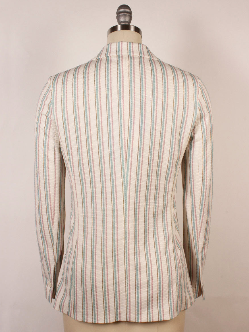 The Circolo 1901 1-Button Slim Stripe Jacket in Laguna is shown from the back, featuring vertical pastel blue, pink, and white stripes with classic notch lapels and displayed on a dress form.