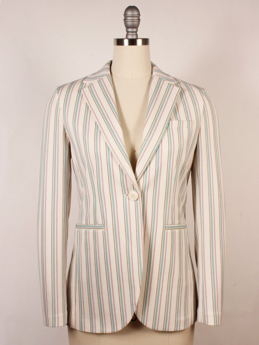 The Circolo 1901 1-Button Slim Stripe Jacket in Laguna features vertical pastel pink, green, and beige stripes, notch lapels, a single-button closure, and jetted pockets, as displayed on a dress form.