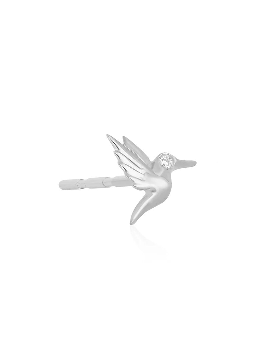 An EF Collection Mini Hummingbird Stud Earring in White Gold designed as a silver hairpin, featuring a delicate hummingbird with a small gemstone on its head and a diamond eye.