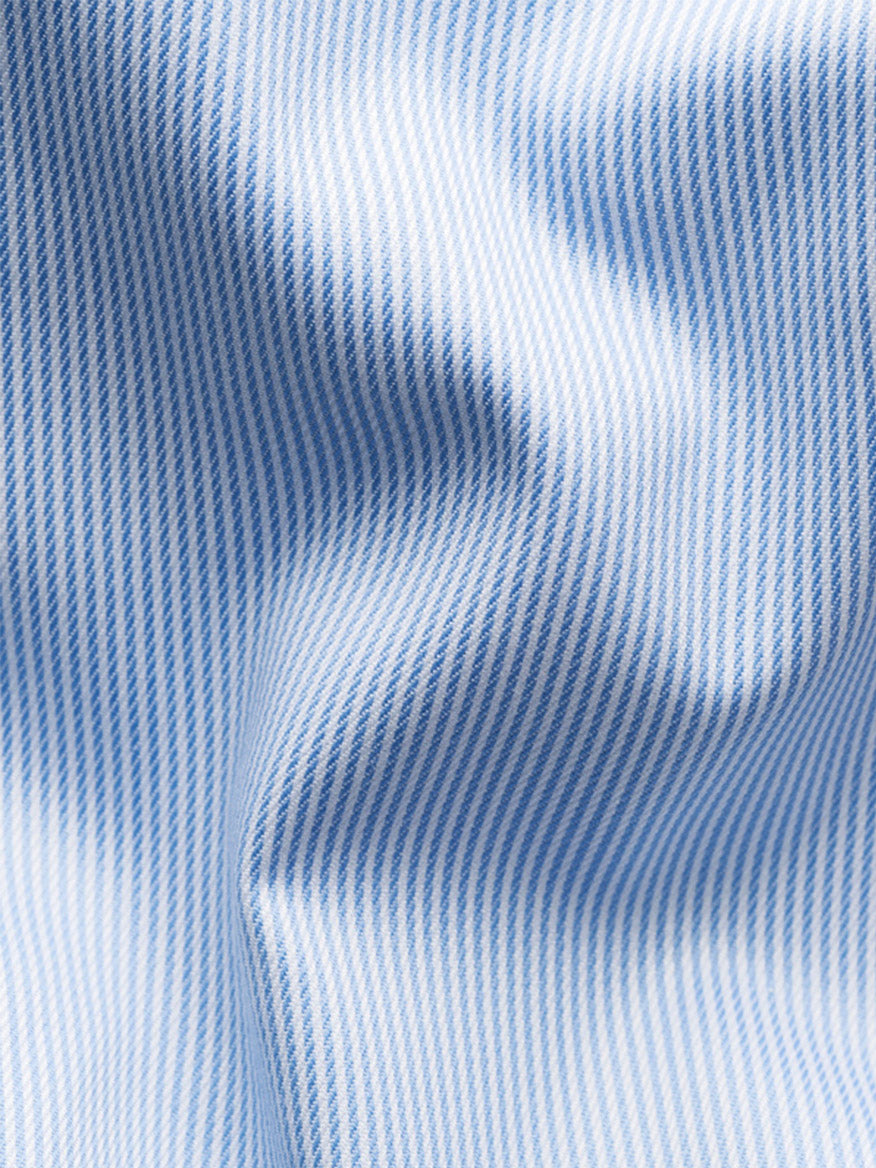 Close-up of the Eton Slim Fit Fine Striped Signature Twill Dress Shirt in Light Blue, featuring light blue and white pinstripes with an Extreme Cut Away Collar—ideal texture and style for a classic business look.