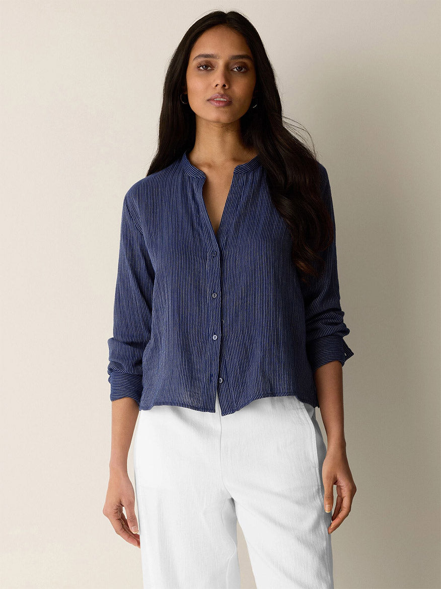 Eileen Fisher Striped Organic Cotton Gauze Mandarin Collar Shirt Women's Clothing Deep Dive : MD