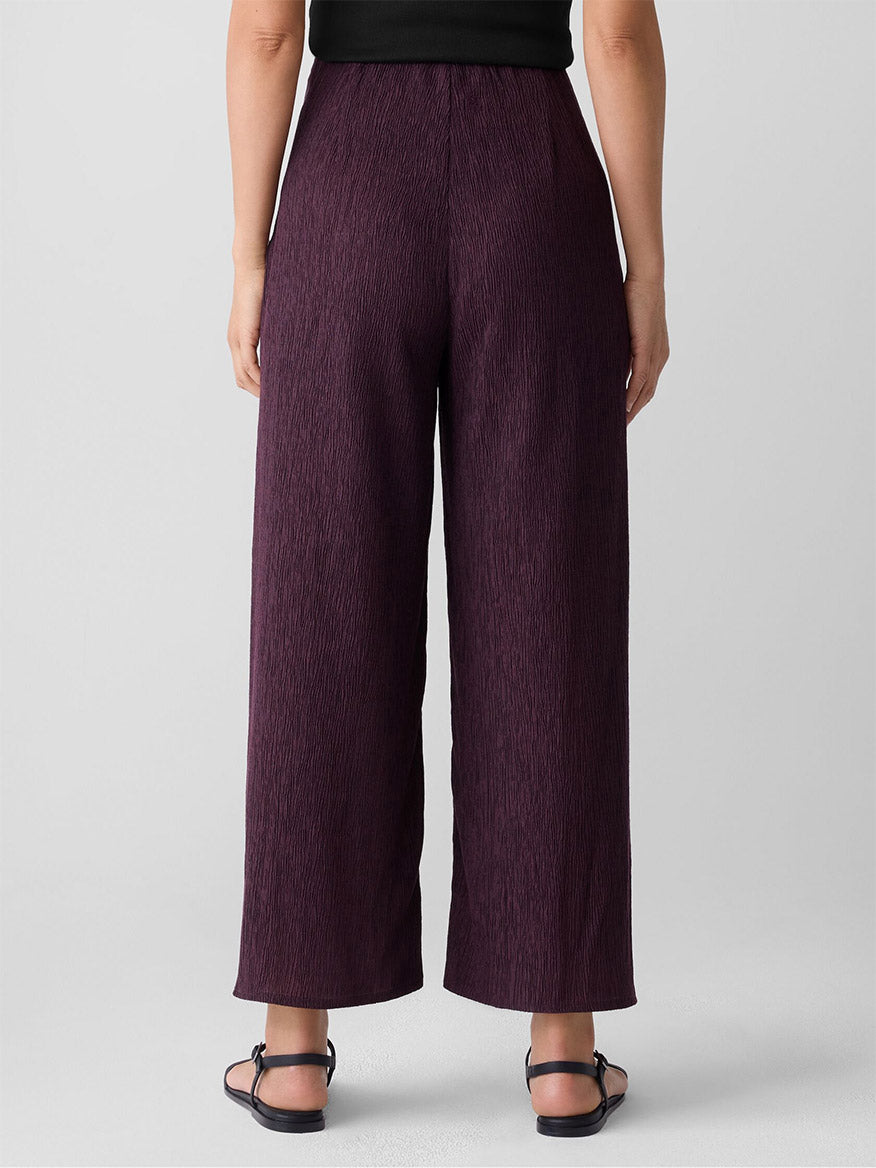 A person faces away, wearing Eileen Fisher Woven Plissé Wide-Leg Pant in Blackberry with a black top and black flat sandals, set against a plain background.