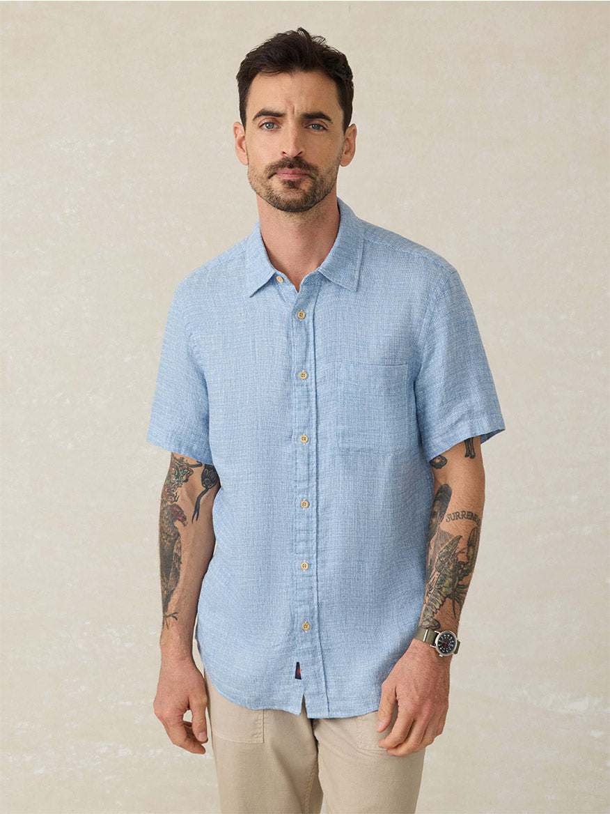 Faherty Brand Short-Sleeve Palma Linen Shirt in Blue Basketweave