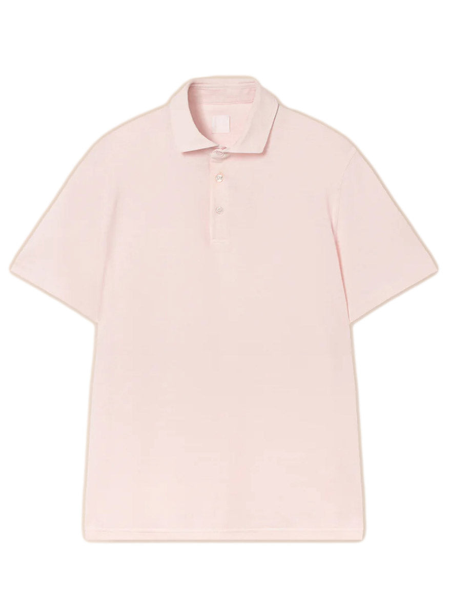 The Fedeli Zero Superlight Pique Short Sleeve Polo in Pink, featuring a collar and three buttons, is laid flat on a white background for a vintage-inspired look.