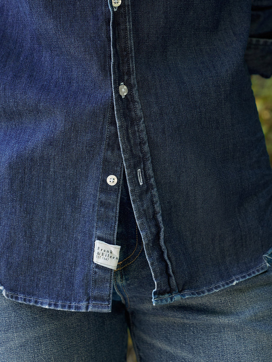 Frank & Eileen Eileen Relaxed Button-Up Shirt in Vintage Dark Indigo Wash, a relaxed fit dark indigo button-up with a visible brand label, worn over blue jeans for a casual California look.