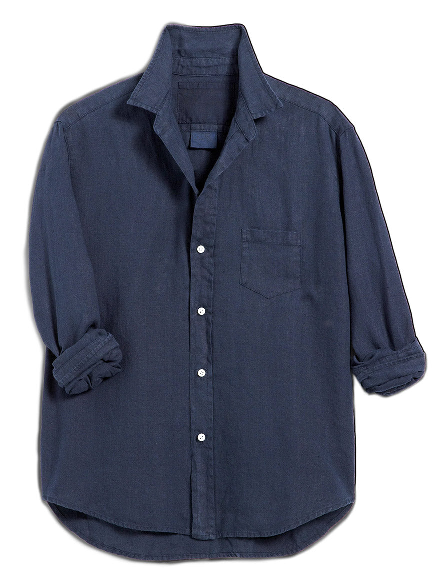 The Frank & Eileen Eileen Relaxed Button-Up Shirt in Navy Washed Linen features long sleeves, a single chest pocket, bust-flattering button placement, and rolled-up sleeves, shown laid flat on a white background.