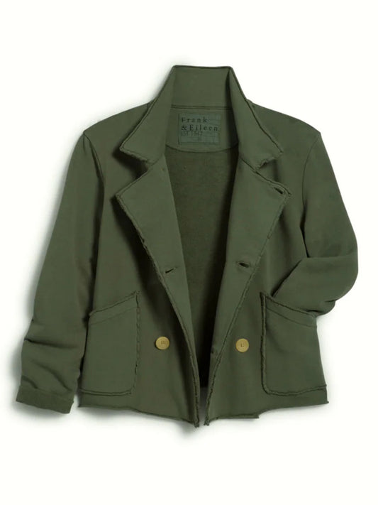 The Frank & Eileen Mini Belfast Cropped Sweatshirt Peacoat in Caper features an olive green hue, raw edges, a cropped fit, two front pockets, and unique horn buttons, shown against a white background.