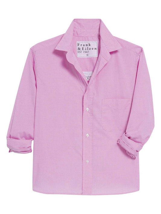 The Frank & Eileen Silvio Untuckable Button-Up Shirt in Hot Pink Plaid features soft Italian cotton, rolled sleeves, modern Italian tailoring, an oversized envelope pocket, and a label reading "Frank & Eileen EST 1947.