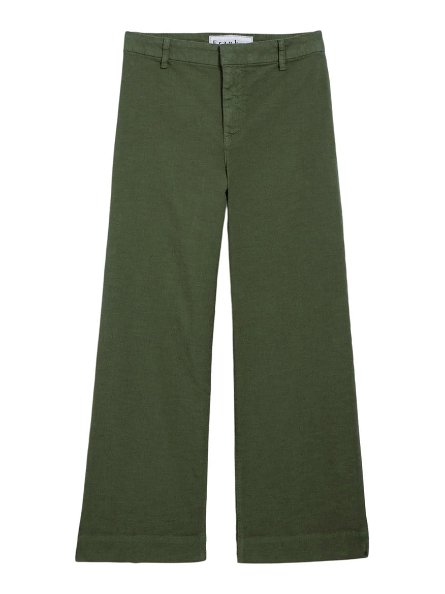 The Frank & Eileen Wexford Wide-Leg Linen Pant in Hunter Green features a high waist, wide-leg silhouette, Italian Performance Linen fabric, belt loops, and a front button closure.