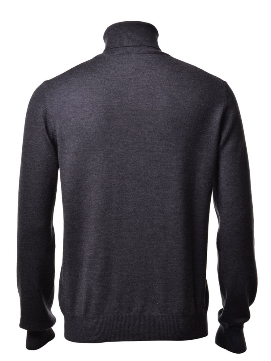 Behold the Gran Sasso Solid Merino Turtleneck in Charcoal, an Italian-crafted long-sleeve sweater featuring a plain and simple design, showcased from the back.