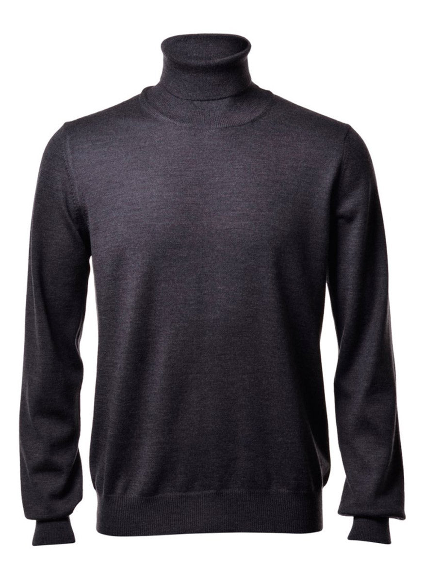 The Gran Sasso Solid Merino Turtleneck in Charcoal, a plain, long-sleeved sweater made from luxurious Merino wool, is displayed against a white background.