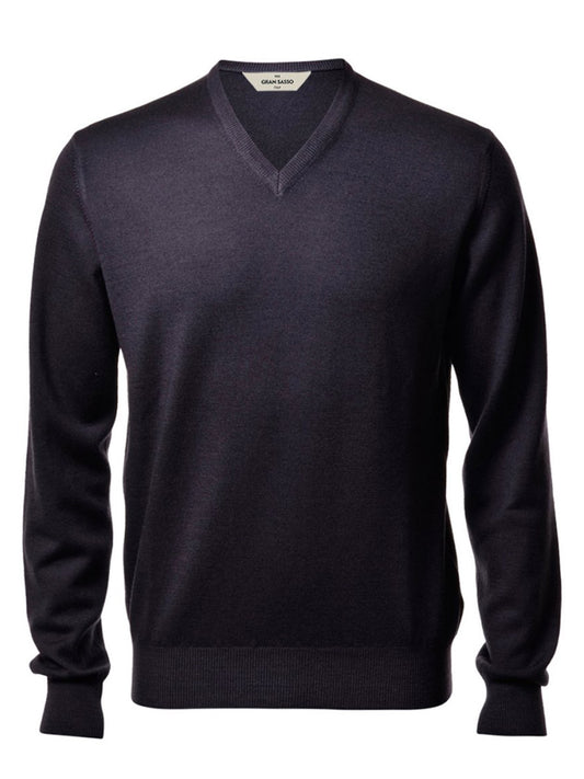 A Gran Sasso Vintage Wash Extrafine Merino V-Neck in Charcoal sweater made in Italy, displayed against a white background.