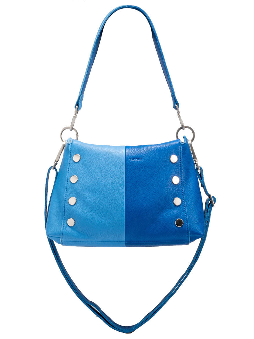 A Hammitt Los Angeles Bryant Medium Crossbody Bag in Oasis Blue with brushed silver hardware and a long strap, displayed against a white background.