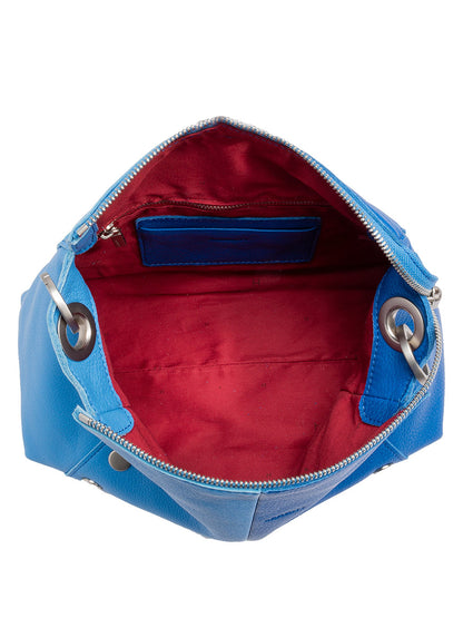 Hammitt Los Angeles Bryant Medium Crossbody Bag in Oasis Blue featuring classic pebbled leather, open to show its red interior and one inner zippered pocket.
