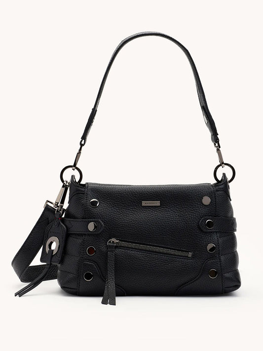 The Hammitt Los Angeles Bryant Medium Crossbody Bag in Moto Black/Gunmetal features a top handle, side rings, decorative lacing, metal accents, and a detachable tag—an effortlessly versatile black leather bag perfect for day-to-night wear.