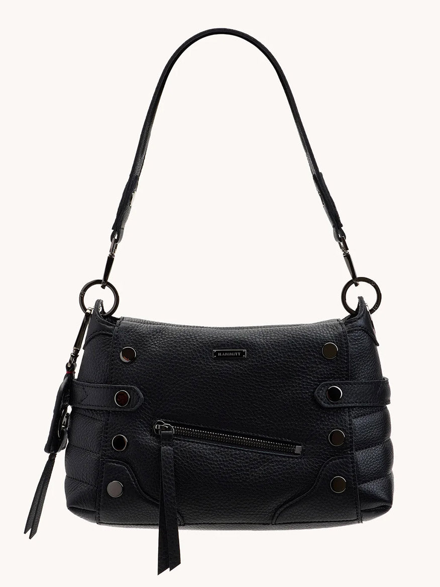 The Hammitt Los Angeles Bryant Medium Crossbody Bag in Moto Black/Gunmetal features black leather, a front zip pocket, decorative metal studs, a small brand label, and a shoulder strap—ideal for everyday style.