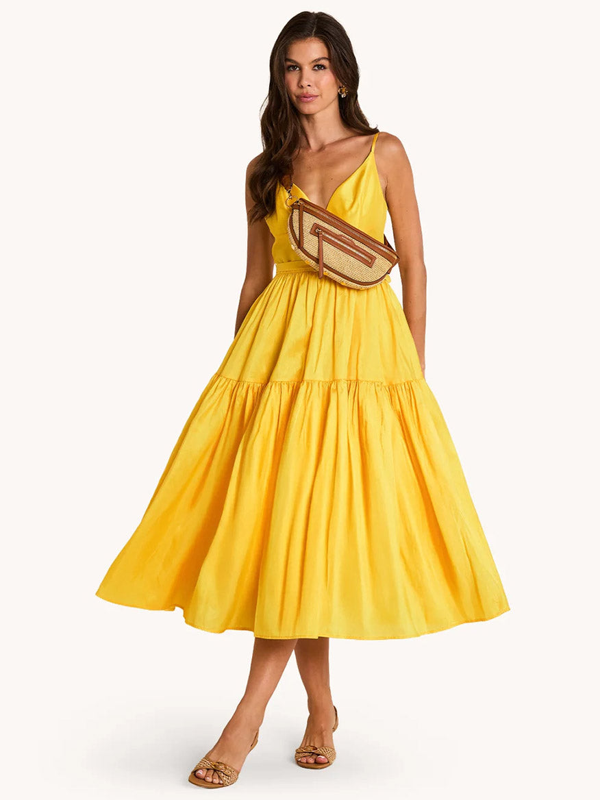 A woman wearing a sleeveless yellow midi dress, tan sandals, and the Hammitt Los Angeles Charles Crossbody Medium in Cocoa Raffia/Gold stands against a plain background.