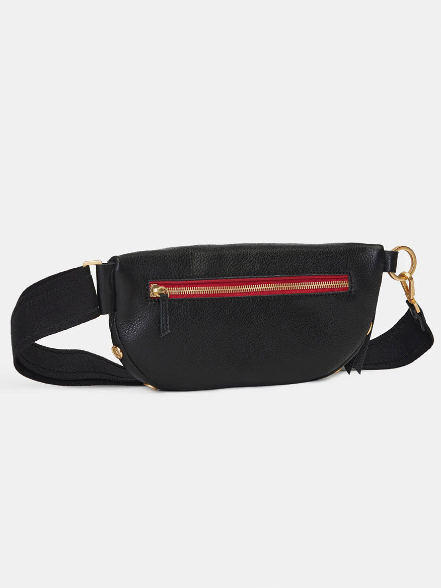 Presenting the Hammitt Los Angeles Charles Crossbody Medium in Black/Brushed Gold/Red Zip, a fashionable bag crafted from pebbled black leather, highlighted by a bold red zipper and sophisticated gold accents.
