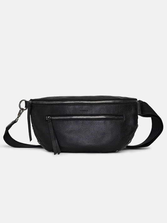 The Hammitt Los Angeles Charles Crossbody Large in Black with a front zipper, displayed against a white background.