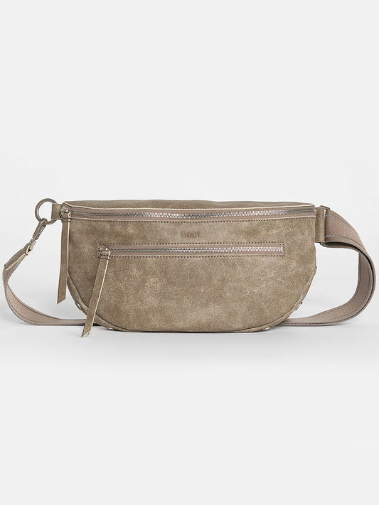 Hammitt Los Angeles Charles Crossbody Large in Pewter suede crossbody bag featuring multiple zippered compartments with leather zipper pulls, displayed against a plain white background.