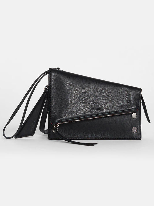 Black Hammitt Los Angeles Curtis soft leather crossbody bag with zippered pockets and a detachable hangtag on a white background.