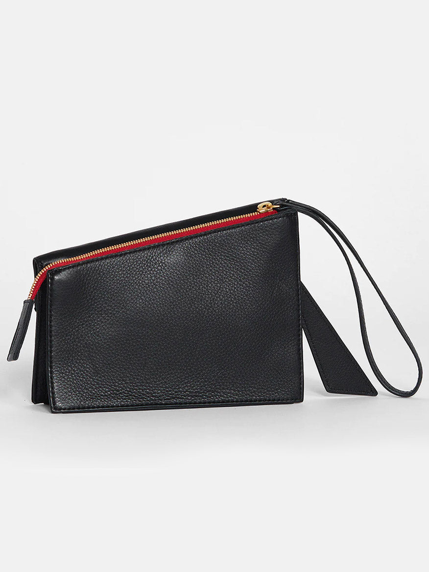 A Hammitt Los Angeles Curtis in Black & Red Zip wristlet with a wrist strap, displayed against a light gray background.