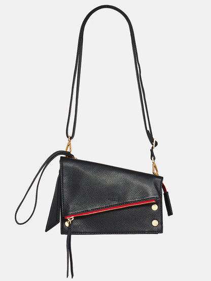 Hammitt Los Angeles Curtis in Black & Red Zip leather crossbody bag with gold-tone hardware and a long strap, isolated on a white background.